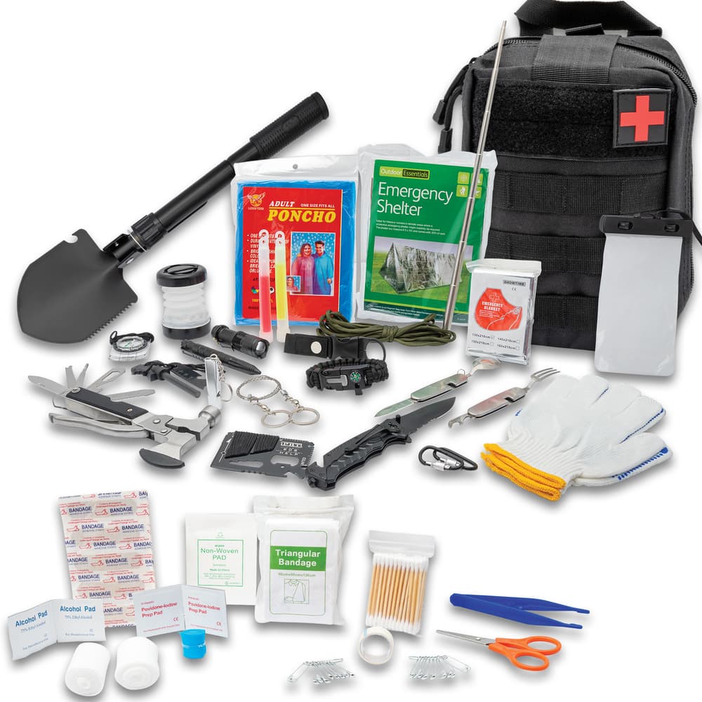 Ultimate Prepper Kit in black and its contents. image number 0